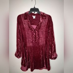 Soft Surroundings Velvet Ruffle Neck Dress Shirt / Blouse size XL Dark Red